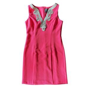 Vince Camuto Dress 4 Hot Pink Sundress Gold Metallic Weave Knit Textured Shift V
